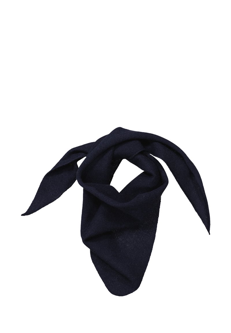 Marinblå scarf, tillverkad av mjukt tyg, vriden i en slinga med spetsiga ändar. Inga synliga mönster eller detaljer, med en slät yta.