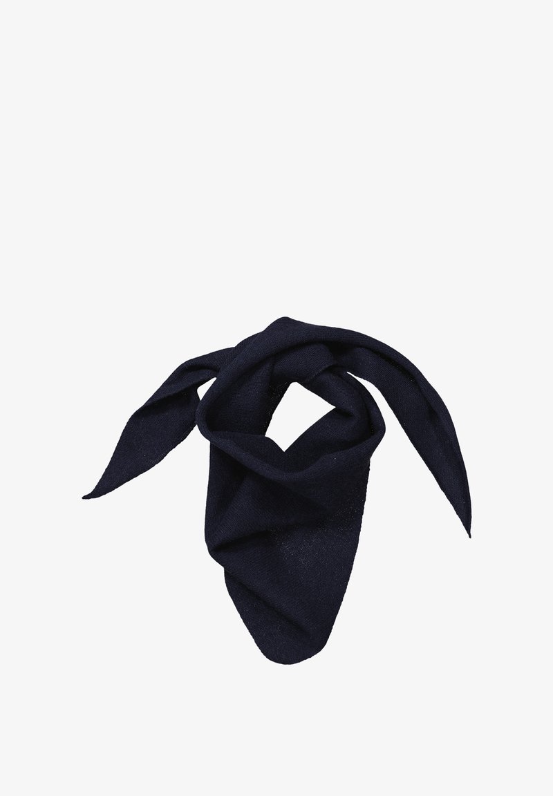 Mørkeblå tørklæde, lavet af blødt stof, snoet i en løkke med spidse ender. Ingen synlige mønstre eller hardware, med en glat tekstur.
