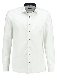 White long-sleeve men's dress shirt with dark contrasting buttons and inner collar lining.