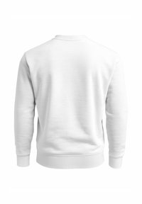 Weißer Pullover mit Rundhalsausschnitt, langen Ärmeln und gerippten Bündchen. Weiche Textur mit glattem, schlichtem Rückendesign.