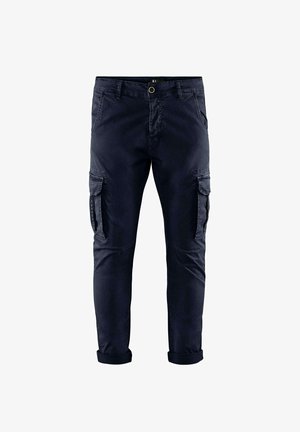 Mørkeblå cargo-bukser lavet af bomuld, med sidelommer, knaplukning og opfoldedeærmer for en afslappet pasform. Glat tekstur og afslappet design.