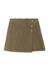 Olijfgroene minirok van katoen. Heeft een wikkelontwerp met drie gouden knopen aan de voorkant en een verborgen rits aan de achterkant.
