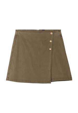 Gonna mini verde oliva in cotone. Presenta un design avvolgente con tre bottoni dorati sul davanti e una zip nascosta sul retro.