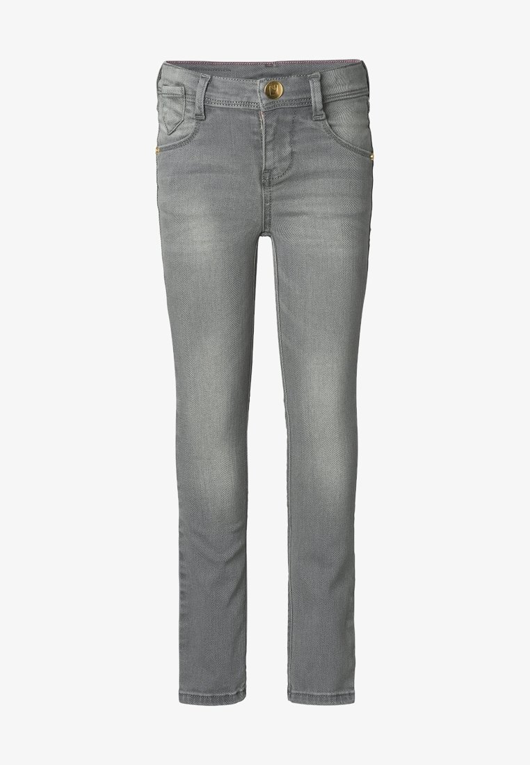 Jean en denim gris avec une coupe ajustée, style cinq poches, quincaillerie en laiton et légère décoloration pour un effet usé.