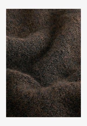 Dark brown textured fabric with a soft, fuzzy surface, featuring a rich, layered appearance and a woven pattern. Ideal for warm clothing.