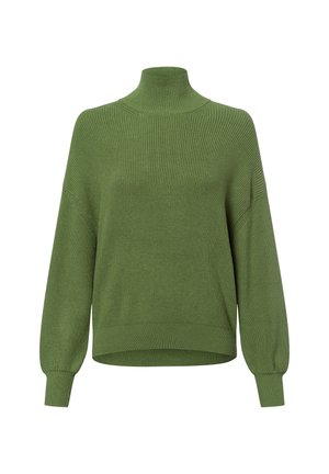 Groene geribbelde coltrui met lange, licht ballonvormige mouwen en een ontspannen pasvorm, gemaakt van zachte, gestructureerde breimateriaal.