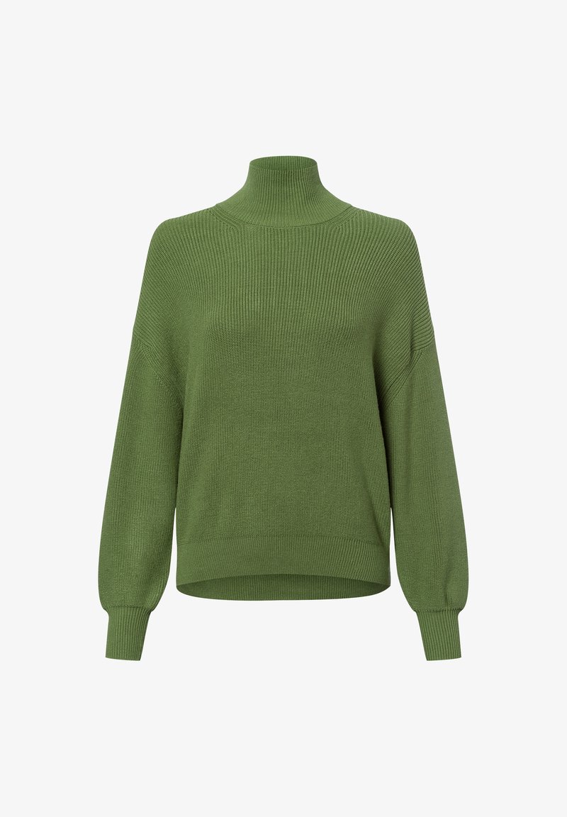 Grønn stripete høyhalset genser med lange, litt ballongformede ermer og en avslappet passform, laget av mykt, teksturert strikket stoff.