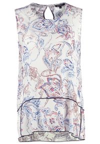 Blusa senza maniche in tessuto leggero, caratterizzata da un motivo floreale blu e rosso su sfondo bianco, con scollatura a chiave e design a strati.