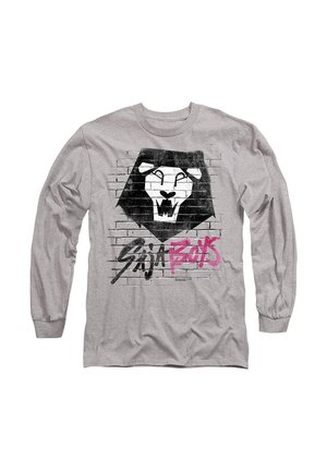 Long-sleeve, gray shirt featuring a black lion graphic and pink "Soja Boys" text against a brick wall design. Cotton material.