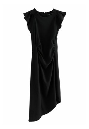 Crna haljina opuštenog kroja, kratki volanasti rukavi, asimetrična donja ivica i nabrani detalji na prednjem delu. Napravljena od glatkog materijala.