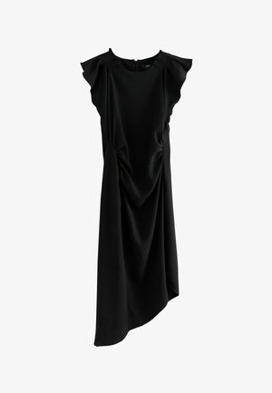 Crna haljina opuštenog kroja, kratki volanasti rukavi, asimetrična donja ivica i nabrani detalji na prednjem delu. Napravljena od glatkog materijala.