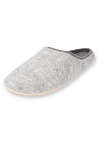 Gray felt slipper with a smooth texture, rounded shape, and a beige rubber sole. It features a soft gray trim around the opening.