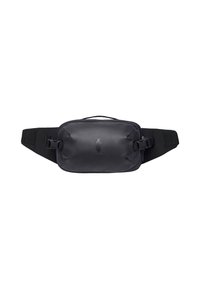 Il marsupio nero in nylon presenta una forma rettangolare, una tracolla regolabile, una tasca frontale con zip e un logo discreto sulla superficie.