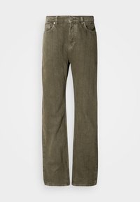 Olive green straight-leg jeans, made of textured cotton fabric. Features five pockets, metal button closure, and subtle vertical seams.