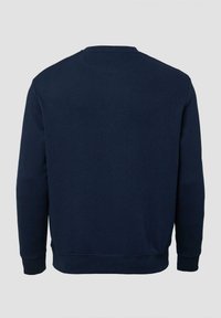 Felpa blu scuro con maniche lunghe, collo rotondo, polsini a coste e una texture liscia in misto cotone. Vista posteriore.