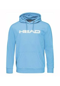 Felpa con cappuccio azzurro chiaro in cotone con tasca frontale. Presenta un grande logo bianco "HEAD" sul petto. Texture morbida e design casual.