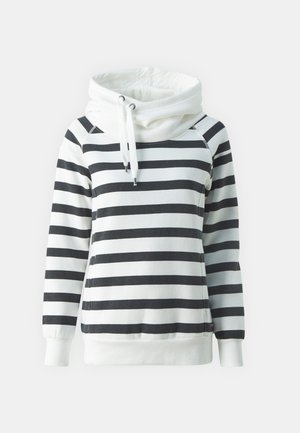Striped pullover sweatshirt in white and black. Features a funnel neck with drawstrings, ribbed cuffs, and a relaxed fit. Soft fabric texture.