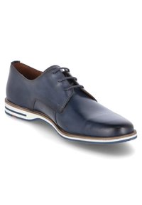 Marineblaue Lederschuhe mit runder Zehenform, Schnürdesign, kontrastierender weißer und blauer gestreifter Sohle sowie glatter Textur.