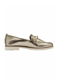 Mocassin en cuir doré métallisé avec détail tressé sur le dessus et semelle en caoutchouc blanche à semelle crantée.