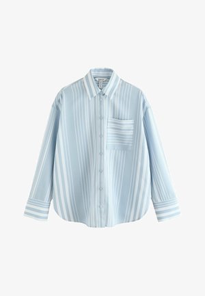 Light blue button-up shirt with white vertical stripes, long sleeves, pointed collar, and a striped chest pocket on the left side.