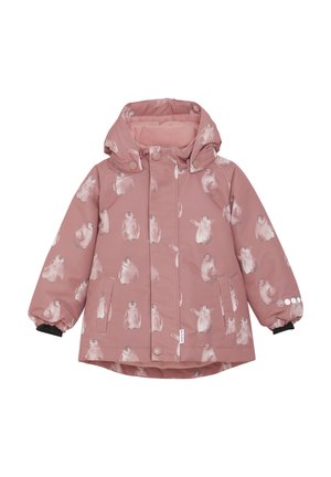Veste rose résistante à l'eau avec motif de pingouin, manches élastiques et boutons-pression. Elle dispose d'une capuche et d'une doublure intérieure douce pour plus de chaleur.