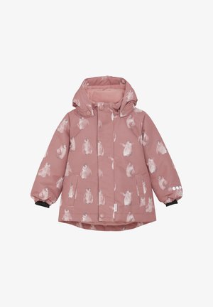 Veste rose résistante à l'eau avec motif de pingouin, manches élastiques et boutons-pression. Elle dispose d'une capuche et d'une doublure intérieure douce pour plus de chaleur.