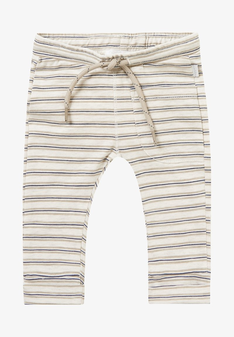 Pantalon rayé pour enfants en beige avec des rayures bleu foncé et marron clair. Il est doté d'une taille élastique avec un cordon de serrage et des chevilles resserrées.