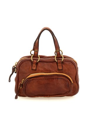 Borsa a mano in pelle marrone con due manici, anelli dorati, tasca anteriore con zip e scomparto principale con zip.