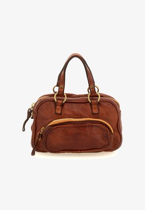 Borsa a mano in pelle marrone con due manici, anelli dorati, tasca anteriore con zip e scomparto principale con zip.