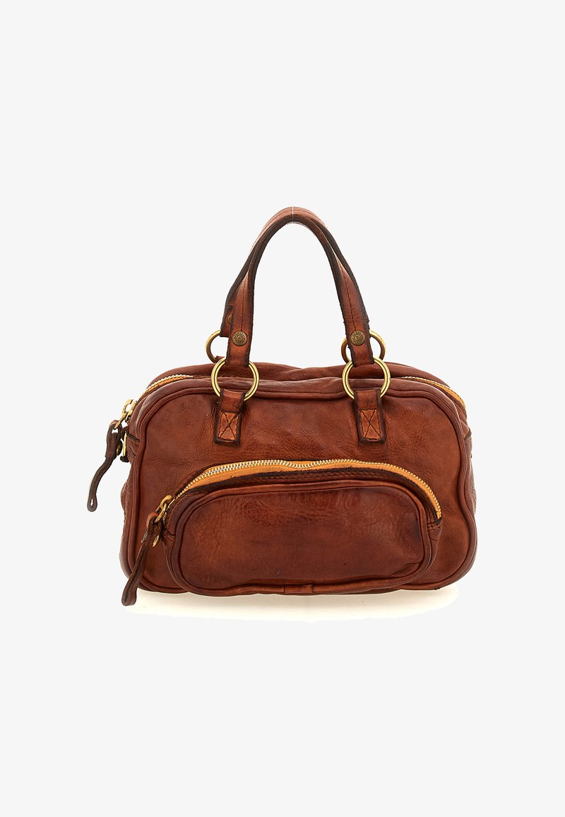 Borsa a mano in pelle marrone con due manici, anelli dorati, tasca anteriore con zip e scomparto principale con zip.