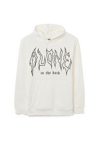 Witte hoodie met grote zwarte tekst "ALONE" en "in the dark." Inclusief voorzak met een kangoeroepocket en ribgebreide manchetten.