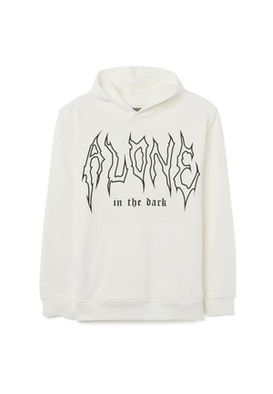 Sudadera blanca con capucha que presenta un gran texto negro "SOLO" y "en la oscuridad". Incluye un bolsillo delantero tipo canguro y puños acanalados.