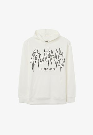 White hooded sweatshirt featuring large black text "ALONE" and "in the dark." Includes front pouch pocket and ribbed cuffs.