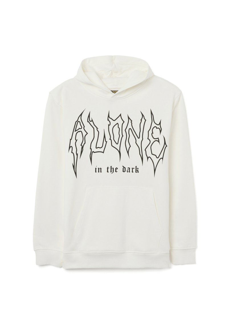 Witte hoodie met grote zwarte tekst "ALONE" en "in the dark." Inclusief voorzak met een kangoeroepocket en ribgebreide manchetten.