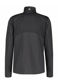 Schwarze Langarmjacke mit hohem Kragen, ausgestattet mit einem Rückenteil aus Netzstoff und einem dezenten Logo am Hals. Glatte Textur und taillierte Passform.