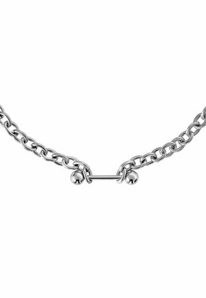 Silberne Metallschmuckkette mit dicken ovalen Gliedern und einer horizontalen Stange, die zwei runde Perlenakzente in der Mitte verbindet.