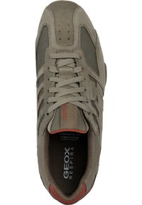 Brązowe zamszowe sneakersy z siateczkowymi akcentami, okrągły czubek i płaskie sznurówki. Posiada logo na języku i wkładkach. Gumowa podeszwa z kontrastującym wykończeniem.