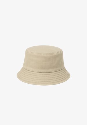 Beige cotton bucket hat with stitched brim and a plain, smooth texture against a white background.