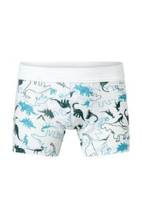 Herren Boxer Briefs aus einer weißen Baumwollmischung mit einem verspielten Dinosaurierdruck in Türkis und Schwarz, ausgestattet mit einem weichen elastischen Bund.