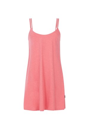 Ľahké, bezrukávové ružové šaty s tenkými ramienkami, strih A-line, jemná textúra a skromný výstrih. Obsahujú bočné rozparky pre väčšiu voľnosť pohybu.