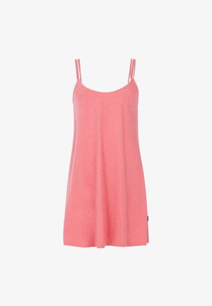 Lichtgewicht, mouwloze roze jurk met dunne bandjes, A-lijn vorm, zachte textuur en een bescheiden halslijn. Voorzien van zijsplitten voor gemakkelijke beweging.