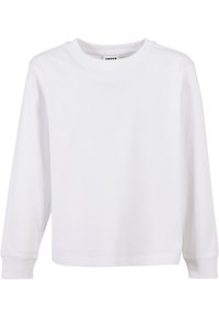 Långärmad vit t-shirt i mjuk bomull, med rundad halsringning och ribbade ärmslut, med en rak passform och utan grafik eller mönster.