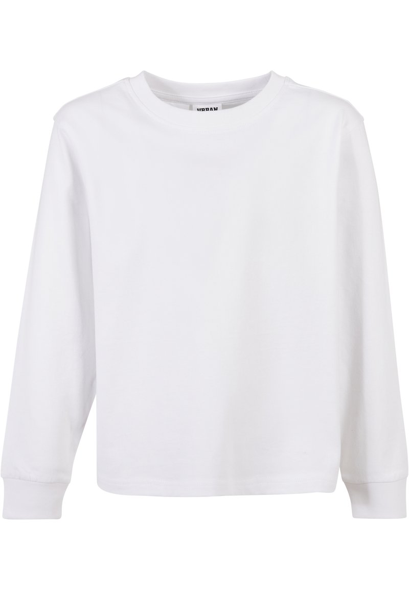 Långärmad vit t-shirt i mjuk bomull, med rundad halsringning och ribbade ärmslut, med en rak passform och utan grafik eller mönster.