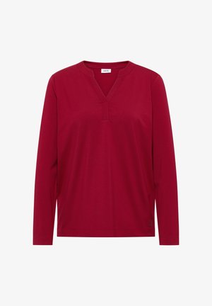 Rotes Oberteil mit langen Ärmeln und V-Ausschnitt, im entspannten Schnitt, aus einem weichen Baumwollmischgewebe. Dezentes Branding an der unteren Seite.