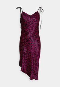 Sukienka na ramiączkach z satynowego materiału z głębokim dekoltem w kształcie litery V, regulowanymi wiązaniami na ramiączkach oraz odważnym różowo-czarnym abstrakcyjnym wzorem z asymetrycznym dołem.