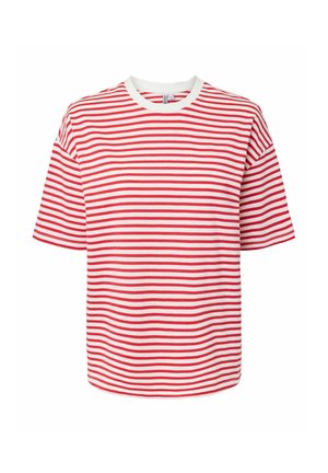 Tricou cu mânecă scurtă și decolteu rotund, cu dungi orizontale roșii și albe, croială lejeră și tiv drept.