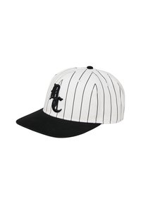 Baseball cap in white with black pinstripes and a solid black visor. Features a black embroidered logo on the front.