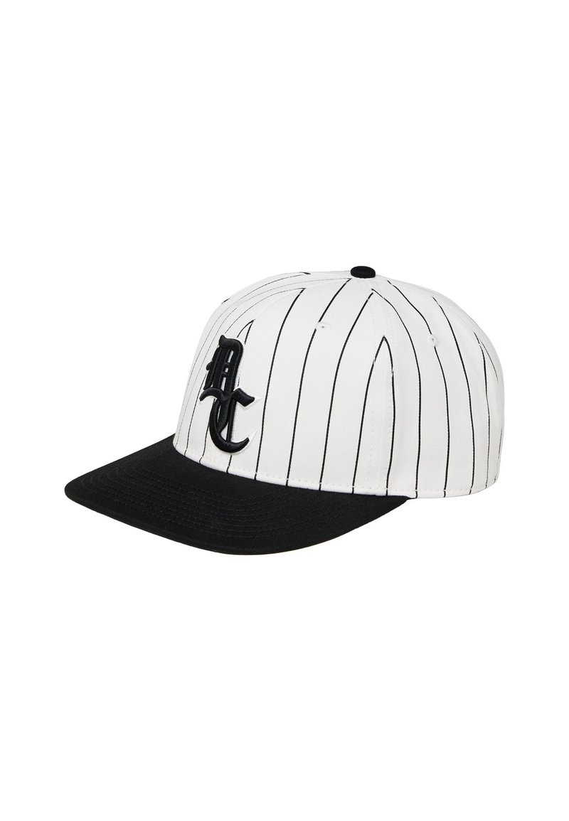 Baseball cap in white with black pinstripes and a solid black visor. Features a black embroidered logo on the front.