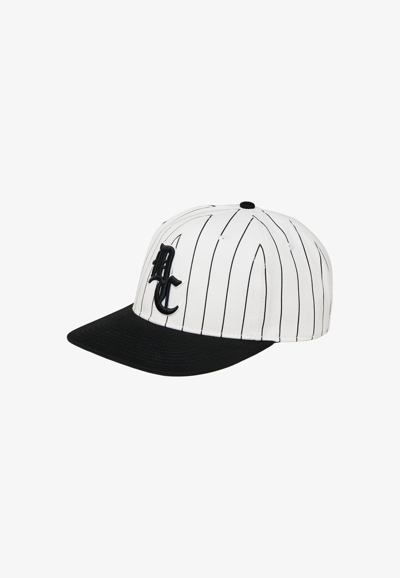 Baseball cap in white with black pinstripes and a solid black visor. Features a black embroidered logo on the front.