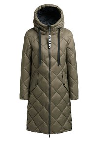 Olive green, quilted long puffer coat with a high collar, black zipper, drawstrings, snap buttons, and side pockets.